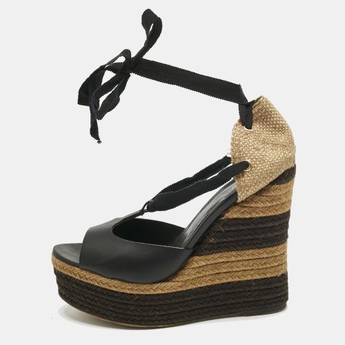 Fendi Black Leather and Straw Ankle Tie Wedge Espadrille Sandals Size 38.5 - Fendi - Modalova