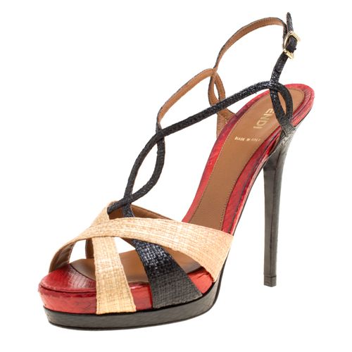 Fendi Tri Color Raffia and Snakeskin Strappy Slingback Platform Sandals Size 39 - Fendi - Modalova