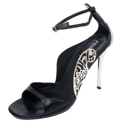 Fendi Black Leather Metal Applique Embellished Ankle Strap Sandals Size 37 - Fendi - Modalova