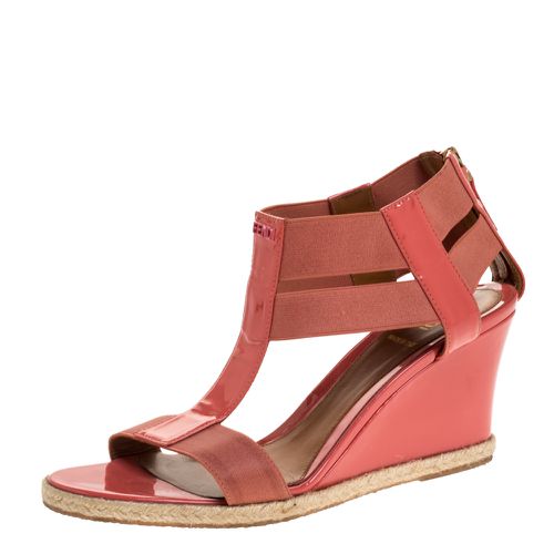 Fendi Coral Patent Leather And Elastic Fabric T-Strap Espadrille Wedge Sandals Size 37 - Fendi - Modalova