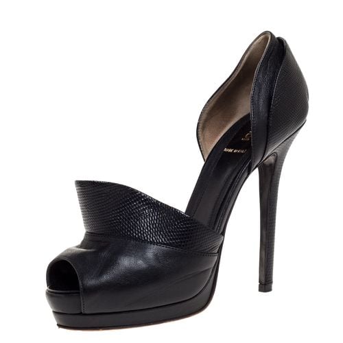 Fendi Black Leather And Lizard Print Anemone D'orsay Peep Toe Platform Pumps Size 38.5 - Fendi - Modalova