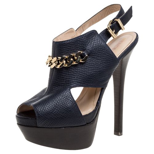 Fendi Navy Blue Leather Chain Details Slingback Platform Sandals Size 38 - Fendi - Modalova