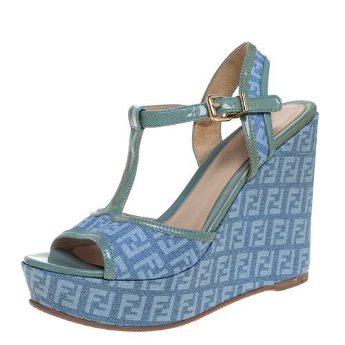 Fendi Blue/Green Canvas And Patent Leather Wedge Sandals Size 38.5 - Fendi - Modalova