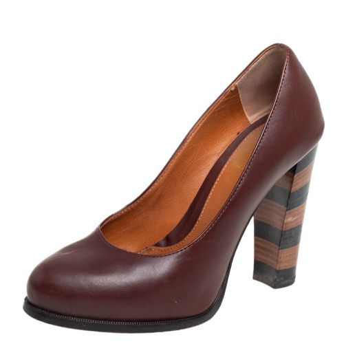 Fendi Burgundy Leather Pequin Block Heel Pumps Size 35 - Fendi - Modalova