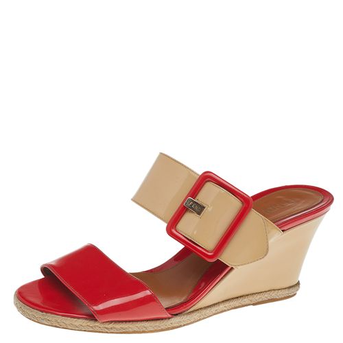 Fendi Orange-Beige Patent Leather Buckle Strap Wedge Espadrille Sandals Size 39 - Fendi - Modalova