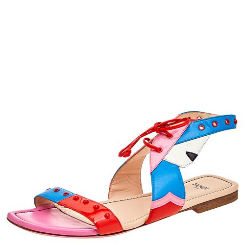 Fendi Multicolor Leather And Patent Leather Ankle Cuff Flat Sandals Size 37 - Fendi - Modalova