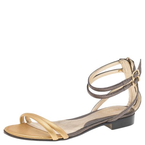 Fendi Multicolor Lizard Embossed Leather Ankle Strap Flat Sandals Size 36.5 - Fendi - Modalova