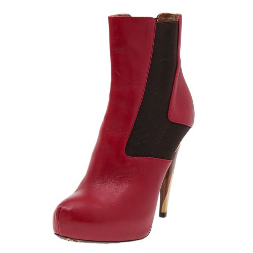 Fendi Red/Brown Leather And Stretch Fabric Platform Ankle Boots Size 37.5 - Fendi - Modalova