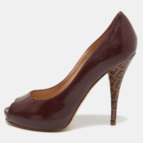 Fendi Burgundy Patent Leather Zucca Print Heel Peep Toe Pumps Size 38 - Fendi - Modalova