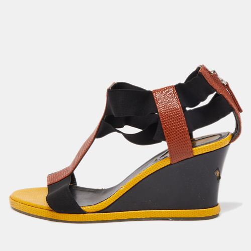 Fendi Brown/Yellow Lizard Embossed Leather T-Strap Espadrille Wedge Sandals Size 38.5 - Fendi - Modalova