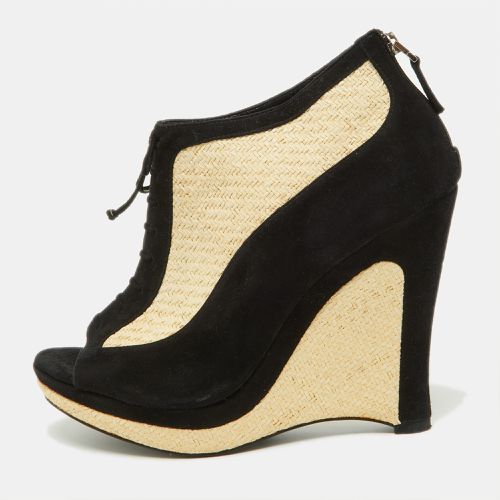 Fendi Black/Beige Suede and Raffia Wedge Peep Toe Booties Size 37 - Fendi - Modalova