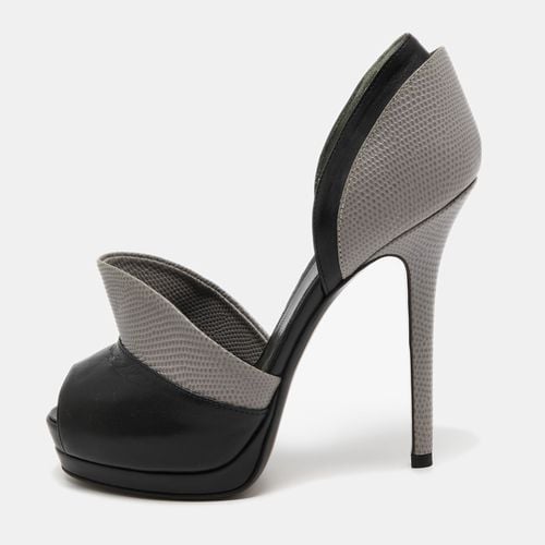 Fendi Grey/Black Leather and Lizard Embossed Leather Peep Toe Anemone Pumps Size 36.5 - Fendi - Modalova