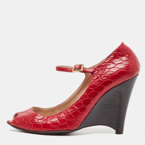 Fendi Red Croc Embossed Leather Peep Toe Wedges Pumps Size 39.5 - Fendi - Modalova