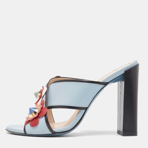 Fendi Blue/Black Leather Flowerland Slide Sandals Size 37 - Fendi - Modalova