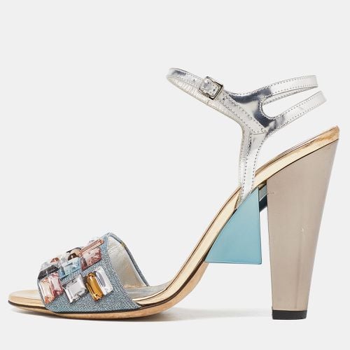 Sliver Leather and Fabric Crystals Embellished Ankle Strap Sandals Size 38 - Fendi - Modalova