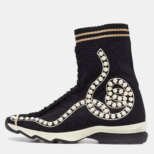 Fendi Black Knit Fabric Pearl Embellished Slip On High Top Sneakers Size 37 - Fendi - Modalova