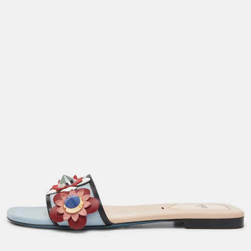 Fendi Blue Leather Flowerland Open Toe Flat Slides Size 36.5 - Fendi - Modalova