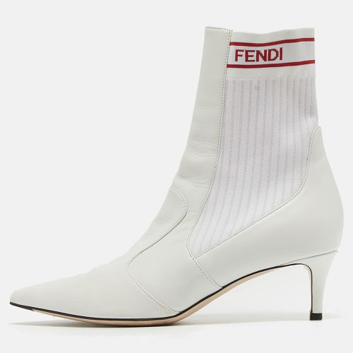 Fendi White Leather and Knit Fabric Kitten Heel Sock Boots Size 38 - Fendi - Modalova