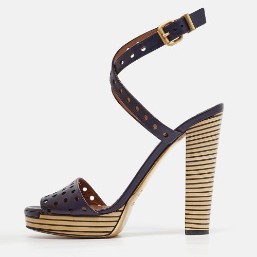 Fendi Navy Blue Perforated Leather Ankle Strap Platform Sandals Size 40 - Fendi - Modalova