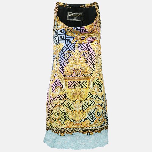 Fendace Black/Yellow Baroque Print Satin Studded Mini Cocktail Dress S - Fendi x Versace - Modalova