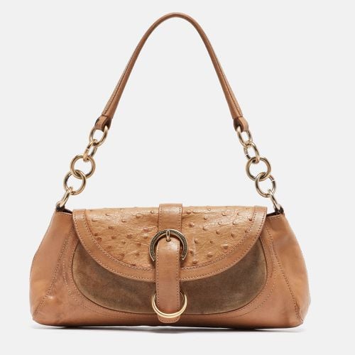 Furla Beige Suede, Ostrich Embossed and Leather Buckle Flap Hobo - Furla - Modalova