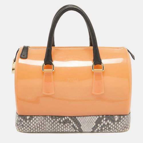 Furla Orange/Grey Rubber and Python Print Leather Medium Candy Satchel - Furla - Modalova