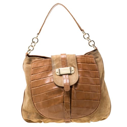 Furla Tan Suede and Croc Embossed Leather Hobo - Furla - Modalova