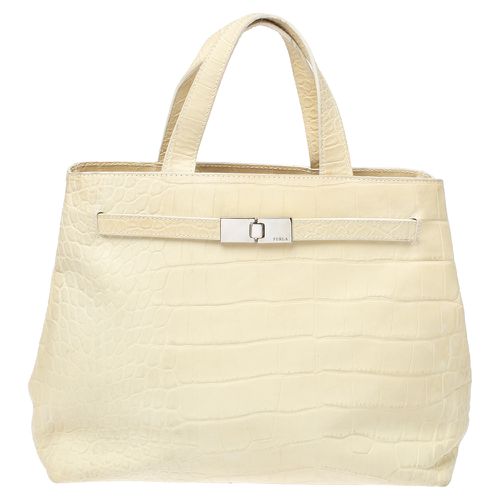 Furla Light Cream Croc Embossed Leather Presslock Tote - Furla - Modalova