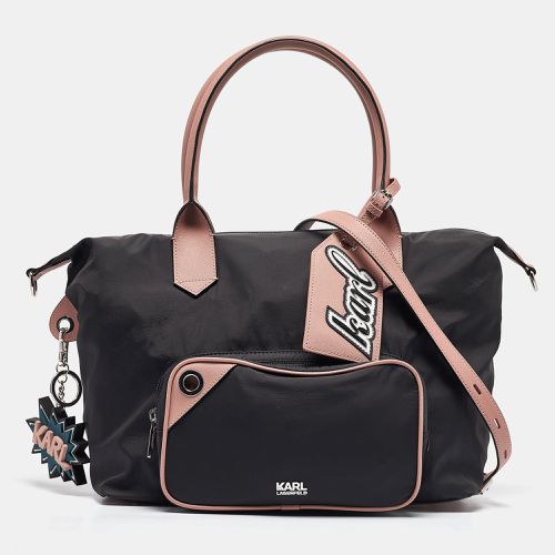 Karl Lagerfeld Black/Pink Leather and Nylon Front Pocket Tote - Karl Lagerfeld - Modalova