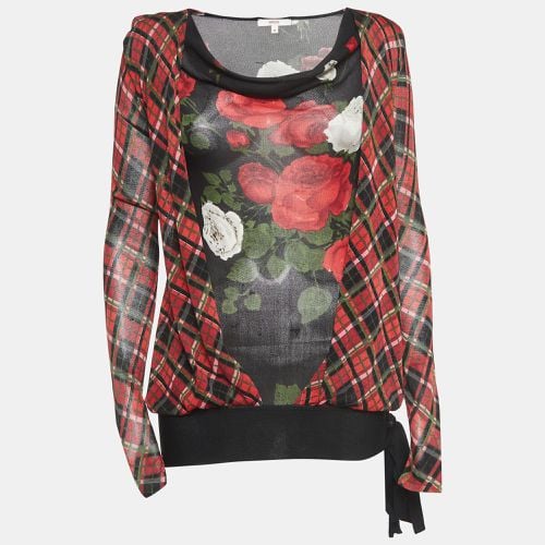 Kenzo Black/Red Checked Floral Print Silk Long Sleeve Top M - Kenzo - Modalova