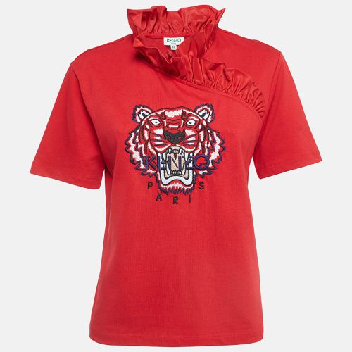 Kenzo Red Tiger Logo Embroidered Cotton Ruffle Neck T-Shirt M - Kenzo - Modalova