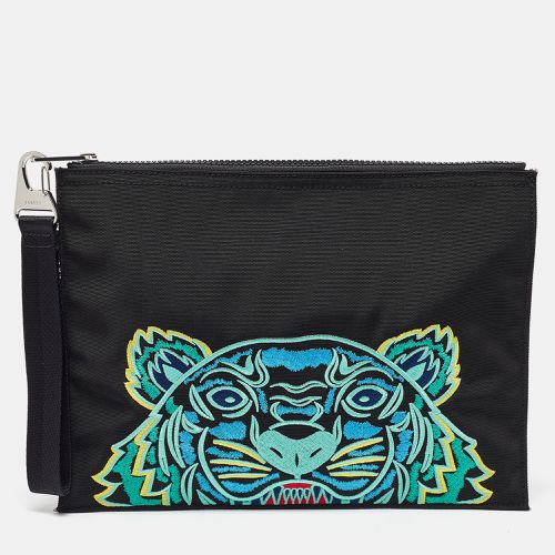 Kenzo Black Tiger Embroidered Leather Zip Flat Pouch - Kenzo - Modalova