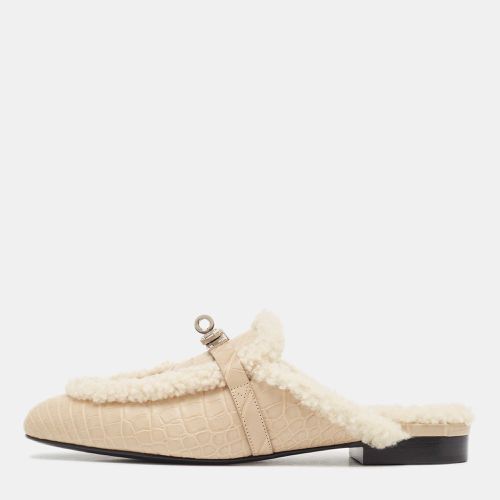 Hermes Beige Alligator Mississippiensis and Shearling Oz Flat Mules Size 38 - Hermes - Modalova