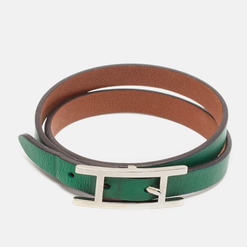 Hermes Behapi Green Leather Palladium Plated Tone Double Tour Bracelet - Hermes - Modalova