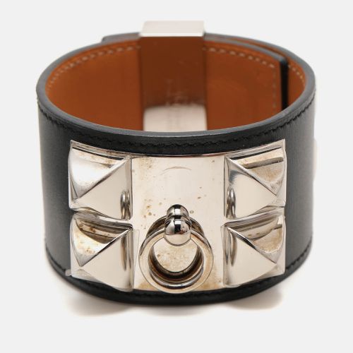 Hermes Black Leather Collier De Chien Palladium Plated Wide Bracelet L - Hermes - Modalova