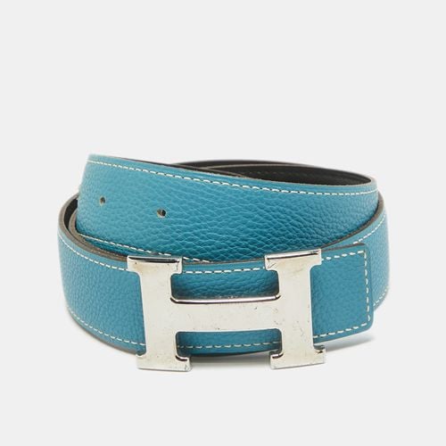 Bleu Jean/Noir Togo and Chamonix Leather H Buckle Reversible Belt 78 CM - Hermes - Modalova