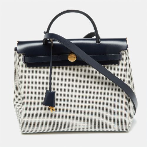 Hermès Ecru Blanc Noir/Bleu Indigo Vache Hunter/Toile Quadrille Viking Leather Herbag Zip Retourne 31 Bag - Hermes - Modalova