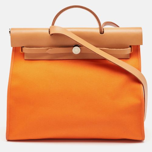 Hermes Orange/Natural Toile and Vache Hunter Leather Herbag Zip 39 Bag - Hermes - Modalova