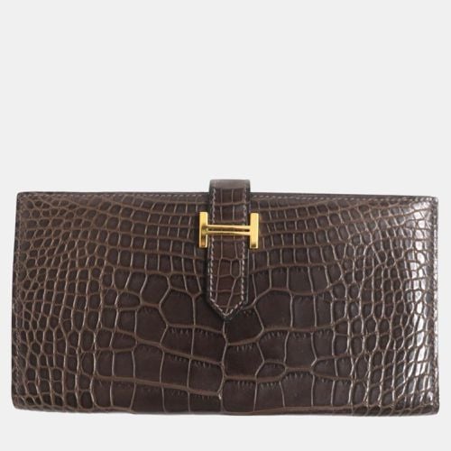 Hermes Bearn Alligator Leather Bi-fold Wallet Brown Leather - Hermes - Modalova