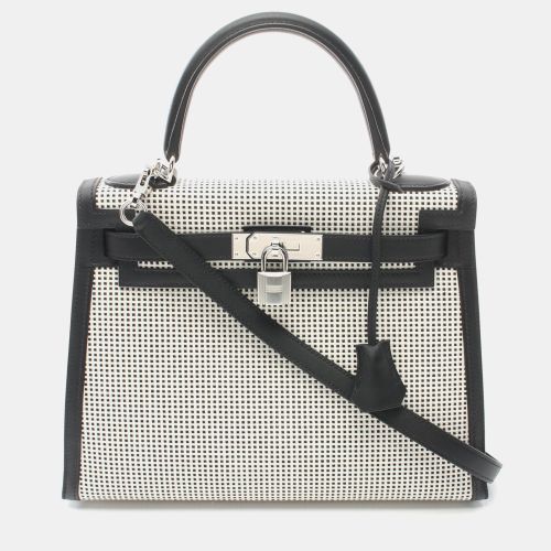 Hermes White Toile Quadrille Leather Kelly 28 Tote Bag - Hermes - Modalova