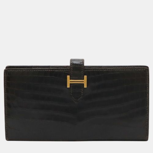 Hermes Brown Crocodile Leather Bearn Long Wallet - Hermes - Modalova