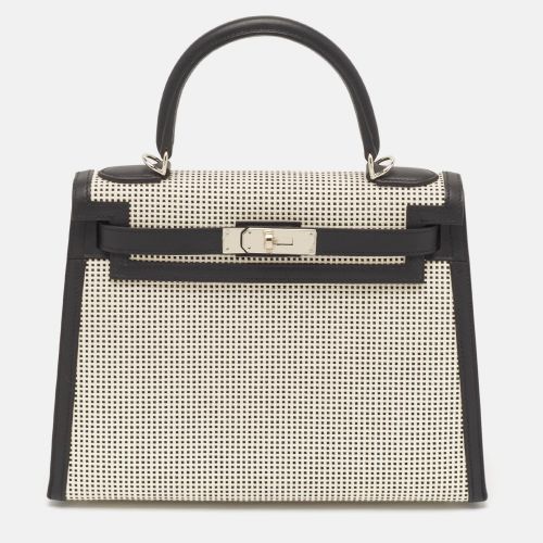 Hermes Noir/Ecru/Blanc Toile Quadrille and Swift Leather Palladium Finish Kelly Sellier 28 Bag - Hermes - Modalova