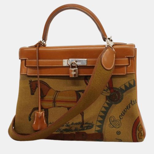 Hermes Barenia Toile Couver Faube Tundra Kelly Engraved Handbag - Hermes - Modalova