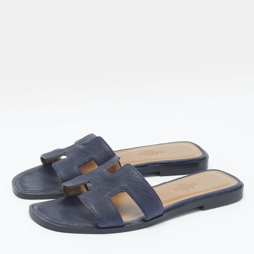 Oran Size 35 Lizard Embossed Leather Flat Slides - Hermes - Modalova