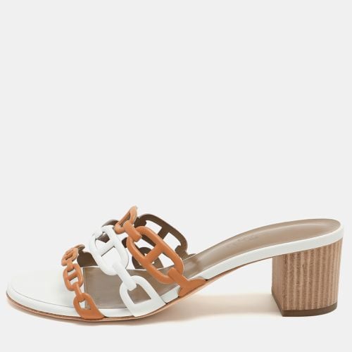 Hermes White/Brown Leather Tandem Slide Sandals Size 37 - Hermes - Modalova