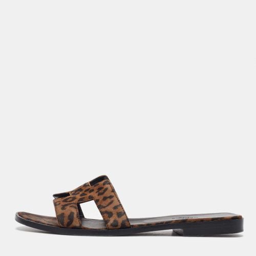 Hermes Brown Suede Leopard Print Oran Flat Sandals Size 38 - Hermes - Modalova