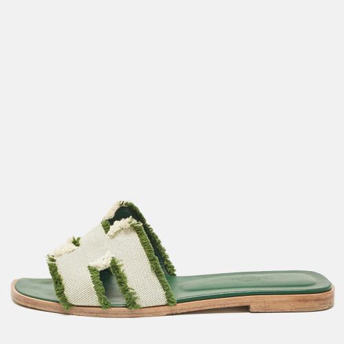 Hermes Green/White Canvas Oran Flat Slides Size 38 - Hermes - Modalova