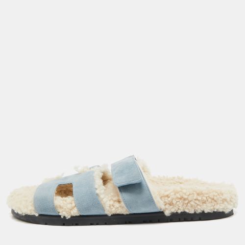 Hermes Blue Fur and Suede Chypre Flat Sandals Size 39 - Hermes - Modalova