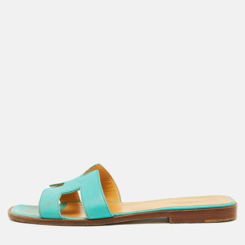 Hermes Turquoise Blue Leather Oran Flat Slide Sandals Size 40 - Hermes - Modalova