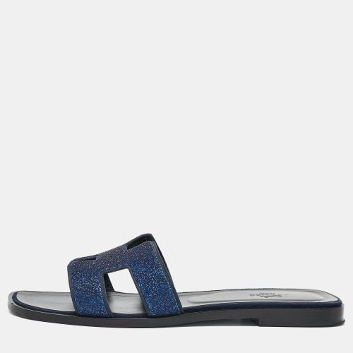 Hermes Blue Crystal Embellished Suede Oran Flat Slides Size 38 - Hermes - Modalova